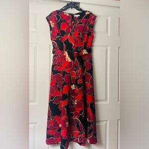 NEWCalvin Klein Black and Red Floral Midi Dress never worn fit and flare belt